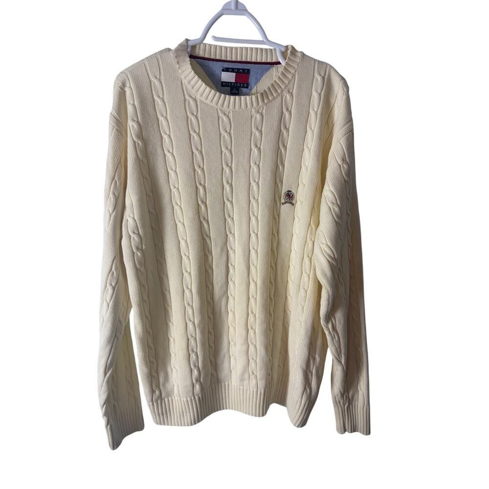 Tommy Hilfiger Vintage Cable Knit Cotton Crewneck Sweater Cream Ivory Men's M